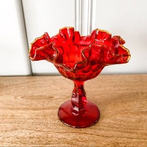 Vintage Red Glass Ruffled Bowl